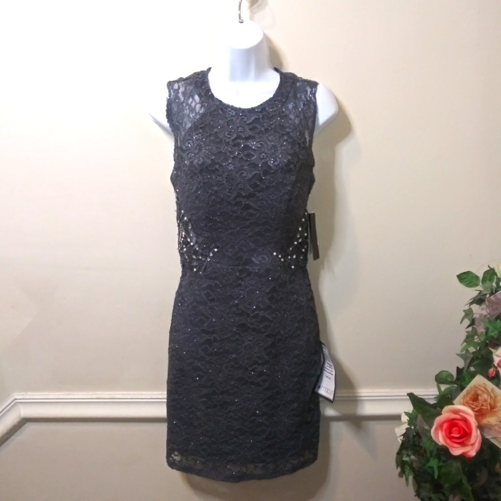 City Studio Pearl & Rhinestone Studded Sparkly Gray Lace Sheath Cocktail Dress - Picture 14 of 14
